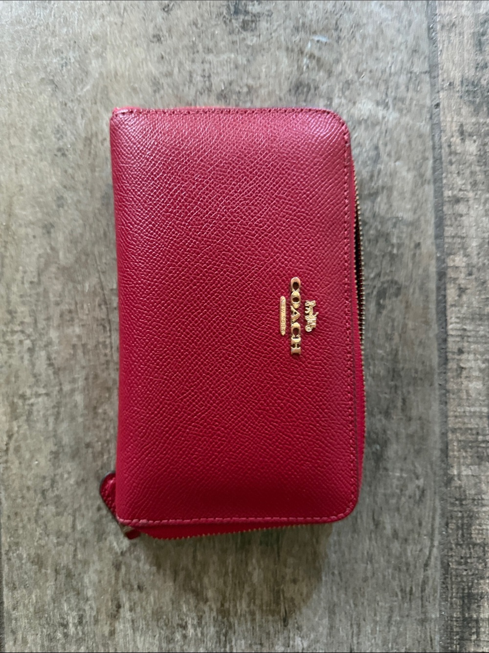 Coach Red Zip-Around Leather Wallet with Gold Logo
